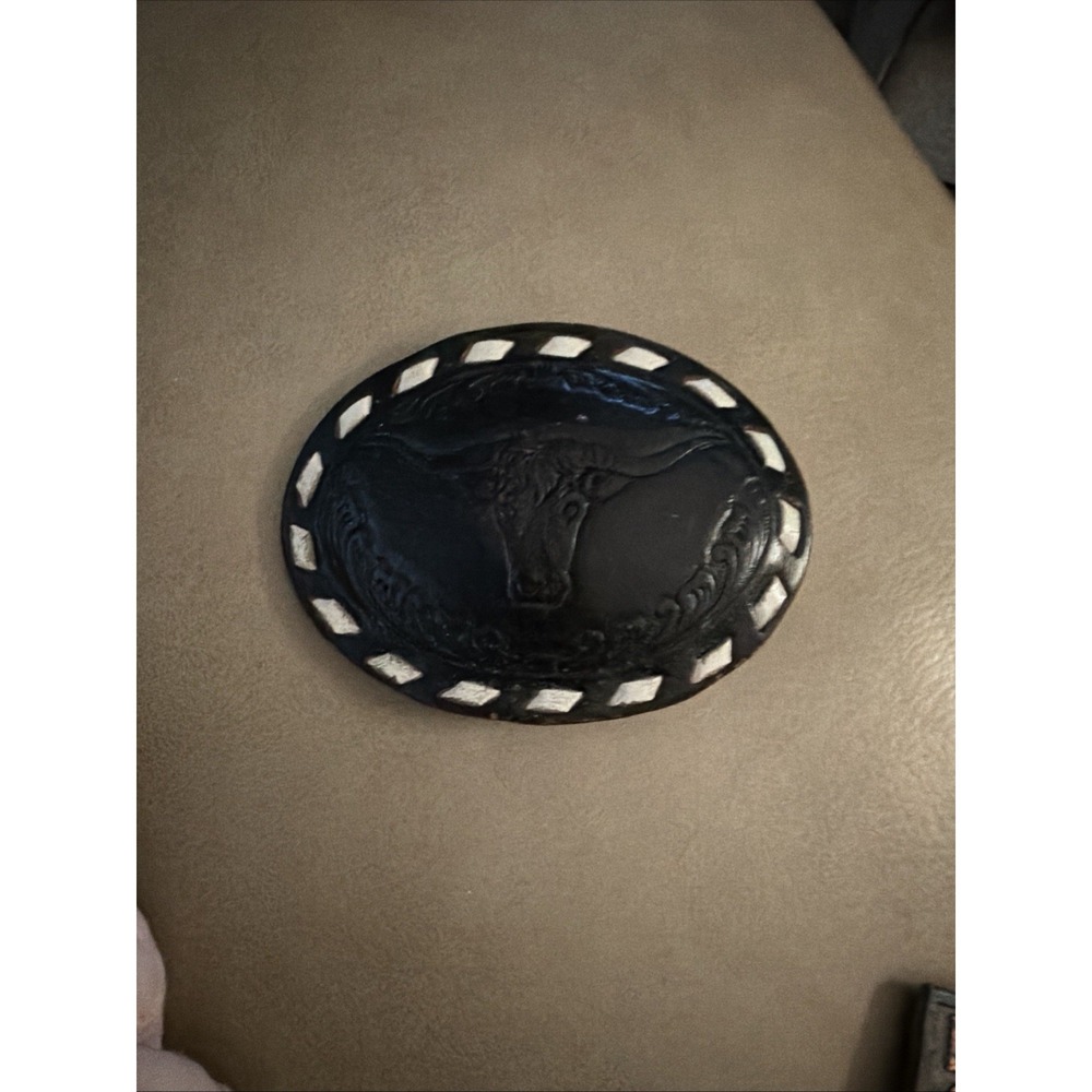 Vintage Hand-Tooled Leather Steer Head Belt Buckle